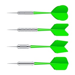 Green dart arrows with metal tip isolated on white background. Dart throwing sport game, dartboard equipment. Vector illustration