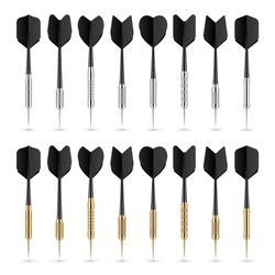 Black dart arrows with metal tip and shadow. Dart throwing sport game, dartboard equipment. Vector illustration