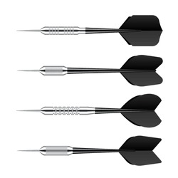 Black dart arrows with metal tip isolated on white background. Dart throwing sport game, dartboard equipment. Vector illustration