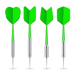 Green dart arrows with metal tip and shadow. Dart throwing sport game, dartboard equipment. Vector illustration