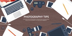 Photography equipment with photo camera on a table.Vector illustration in a flat style.Photography tools, photo editing.Digital photography art with single lens reflex photo camera.Photographer.
