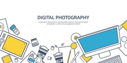 Photography equipment with photo camera on a table.Line art.Stroke lines.Vector illustration in flat outline style.Photography tools, photo editing.Digital photography with single lens photo camera.