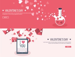 Vector illustration. Flat background with tablet and potion. Love, hearts. Valentines day. Be my valentine. 14 february.