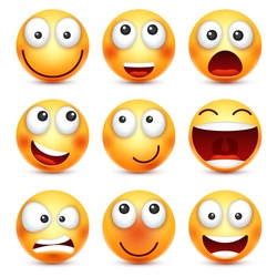 Smiley set,smiling emoticon. Yellow face with emotions. Facial expression. 3d realistic emoji. Funny cartoon character.Mood. Web icon. Vector illustration.