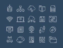 Cloud omputing. Internet technology. Online services. Data processing, information security. Connection. Thin line web icon set. Outline icons collection.Vector illustration.
