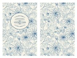 Vintage card with flowers on background. Book cover with flower texture. Blue lines on white background. Vector illustration.