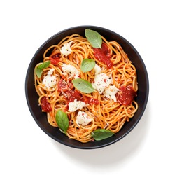 Spaghetti with  tomato sauce, parmesan and mozzarella cheese decorated with basil.isolated on white background