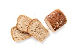 Sliced bread isolated on white background. Slices  bread and crumbs, top view.