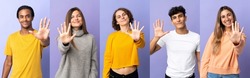 Set of five person over isolated purple background counting five with fingers