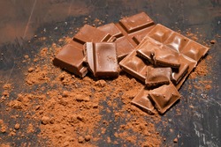 Different pieces of dark chocolate and cocoa powder on a dark surface.
