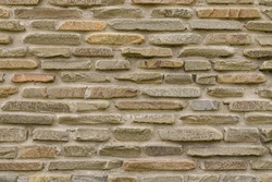texture of bricks on the wall in the form of wild stone Background. Beige and brown tones with shadows and deep texture. Facing stone for wall background.