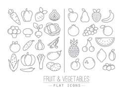 Set of flat fruits and vegetables icons drawing with black lines on white background