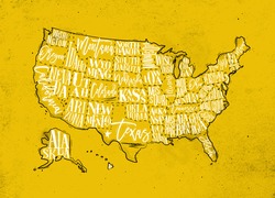 Vintage usa map with states inscription california, florida, washington, texas, new york, kansas, nevada, tennessee, missouri, arizona, illinois, oregon, louisiana drawing on yellow paper