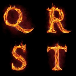 Set of fire alphabet letter Q R S T made of fire flames, with red smoke behind, hot metal font in flames, isolated on black