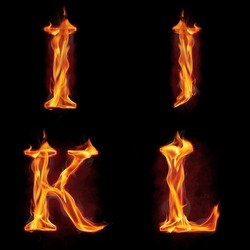 Set of fire alphabet letters I J K L made of fire flames, with red smoke behind, hot metal font in flames, isolated on black