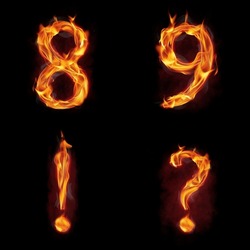 Set of fire numbers 8 9 and symbols ! exclamation mark and ? question mark made of fire flames, with red smoke behind, hot metal font in flames, isolated on black
