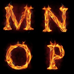 Set of fire alphabet letter M N O P made of fire flames, with red smoke behind, hot metal font in flames, isolated on black