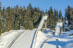 Ramp for ski jumping. Ski jumping resort on winter season