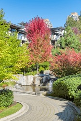 Paved pathway in residential area beside small waterfall on autumn day
