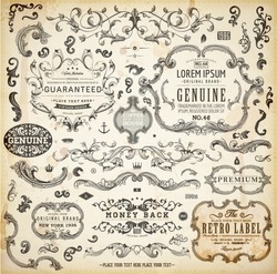 Vector set of calligraphic design elements: page decoration, Premium Quality and Satisfaction Guarantee Label, antique and baroque frames | Old paper texture with dirty footprints of a cup of coffee.