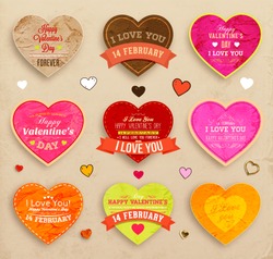 Happy Valentines Day Cards Set for Vintage Holiday Labels Design. Retro Paper Textures. Vector Illustration.