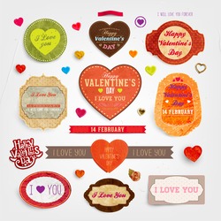 Happy Valentines Day Cards Set for Vintage Holiday Labels Design. Retro Paper Textures. Vector Illustration.
