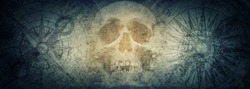 Pirate skull and compasses on old grunge paper background. Retro style. Science, travel, vintage background. History and geography team.
