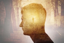 Man silhouette on gothic landscape background. Psychiatry, psychology,  concept, gothic, steampunk background