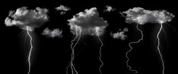 Clouds with lightning isolated on black background. Concept on topic weather, cataclysms (hurricane, Typhoon, tornado, storm).