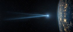 Comet, asteroid, meteorite flying to the planet Earth on the starry night sky. Asteroid and tail of a falling comet threatening the safety of the Earth. Elements of this image furnished by NASA. 