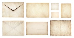 Ancient papers collection: letterhead, envelope, postcard, postage stamp, tag label, old paper blank isolated on white background. Retro style design.