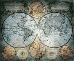 Old geographical map of the world of the 18th century. A good background for design on the theme of travel, geography, history, voyage, etc. Ancient map background.