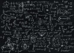 Blackboard inscribed with scientific formulas and calculations in physics.