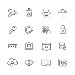 Security related icons: thin vector icon set, black and white kit
