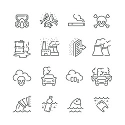 Pollution related icons: thin vector icon set, black and white kit