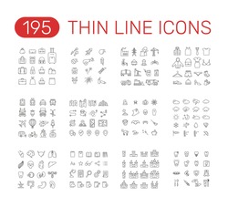 Set of thin line icons pictogram. Halloween, pyrotechnic, bag, industry, 
transport, clothes, weather, route map, castles, internal organs, book reader, dental theme. Vector illustration design