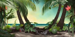 beautiful beach lagoon view with palm trees and tropical leaves, can be used as background