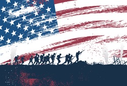 Silhouette of soldiers fighting at war with American flag as a background, vector