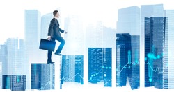 Side view of confident young businessman with briefcase climbing bar chart in abstract city with double exposure of blurry digital graphs. Concept of career ladder and stock market
