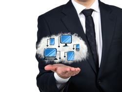 Businessman holding a technological cloud