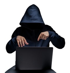 Anonymous computer hacker in hood and laptop isolated over white background. Dark face. Data thief, internet attack, darknet fraud, dangerous viruses and cyber security.