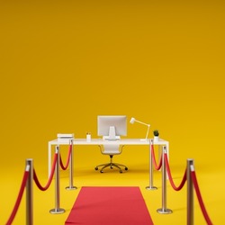 Back to office. Red road to the desk with desktop and armchair. Yellow background. Concept of returning to the work after vacation or distance job. 3d rendering