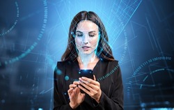 Businesswoman typing in phone, biometric verification and face detection, binary and digital hologram. Using smartphone with facial scanner. Concept of face id and high tech technology