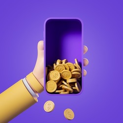 Cartoon hand with phone and coins falling, purple background. Cashback and earning. Concept of financial mobile app and banking. 3D rendering