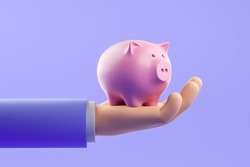 Businessman cartoon hand with piggy bank on light purple background. Concept of finance and money accumulation. 3D rendering