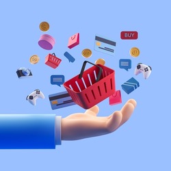 Cartoon hand hold shopping basket. Photo camera, gamepad, money and text messages on blue background. Concept of gift and entertainment. 3D rendering
