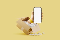 Cartoon hand hold smartphone, open cardboard box on light yellow background. Concept of order and shipment. Mockup copy space display. 3D rendering