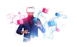 Black businessman in vr glasses, hands touch digital hologram of information fields, floating colorful data blocks on white background. Concept of futuristic technology