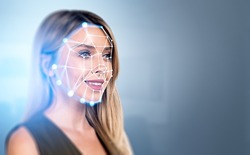 Smiling businesswoman portrait and digital biometric scanning hologram, face detection and recognition. Concept of face id and artificial intelligence. Copy space