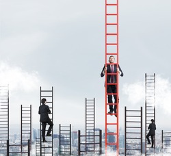 A concept of competition, and problem solving. Several businessmen are racing to achieve the highest point using ladders. New York city view.
